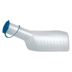 Urinflasche für Männer eckig, blauer Deckel